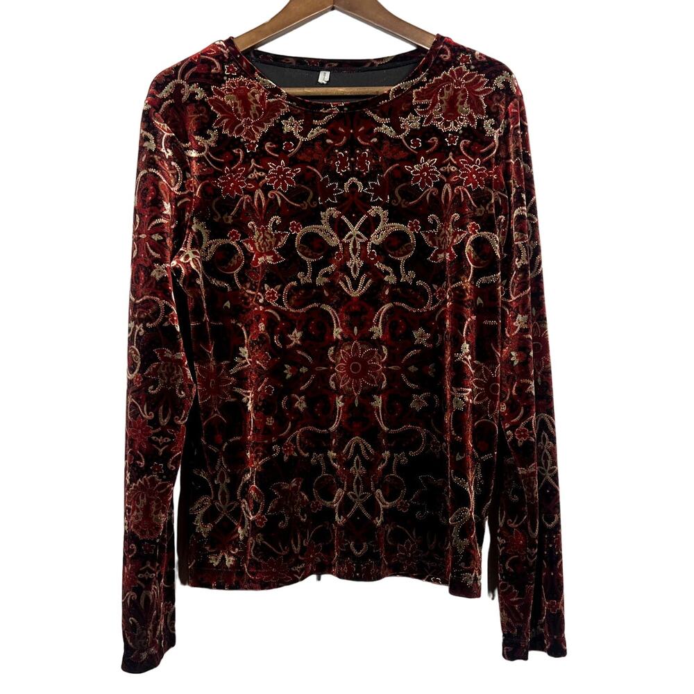Y2K Velvet Long Sleeve Tunic Floral Gold Accent Long Sleeve - L